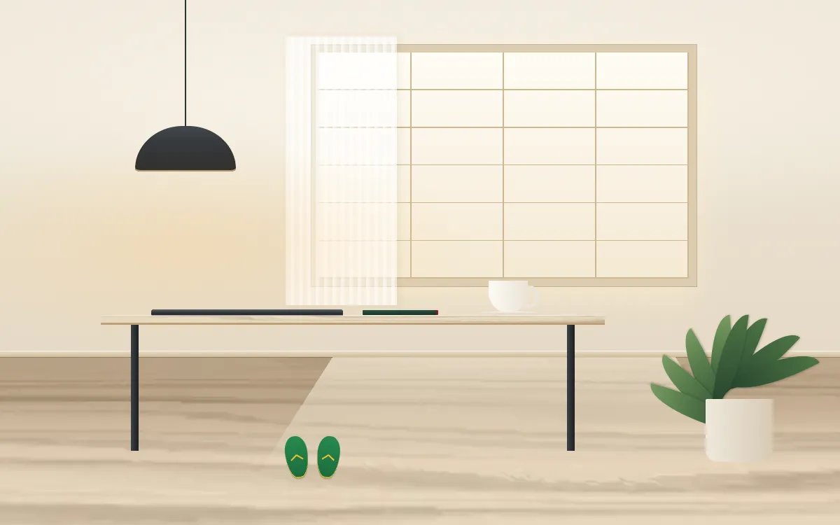 Sala clara de um apartamento no Japão: janela shoji, mesa de madeira com notebook, caderno e café